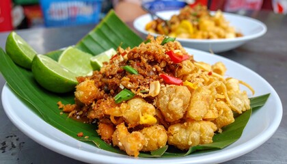 Fototapeta premium Delicious Thai street food with lime on banana leaves, traditional cuisine