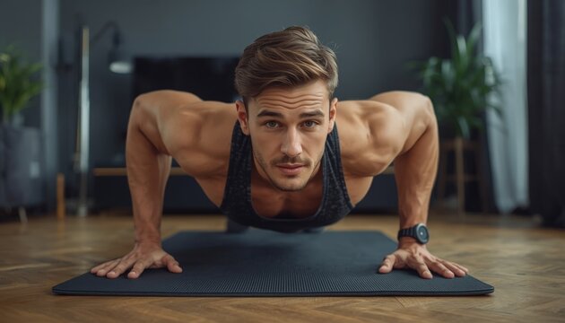 There is a man doing push ups on a yoga mat in the living room