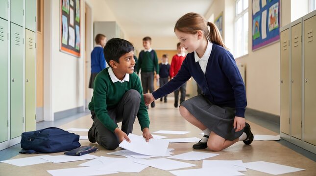 Children picking up scattered papers in a school hallway