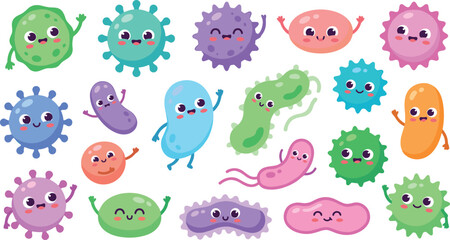 Fototapeta premium Cute Bacteria and Virus Cartoon Character Set with Happy Smiling Microbes, Germs, and Pathogens for Educational Childrens Graphic Designs