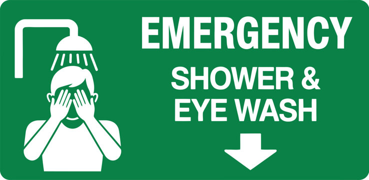 Emergency shower, and eye wash station sign, green and white workplace safety symbol for chemical protection first aid and industrial compliance.