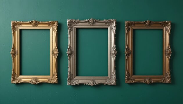 Collection of three empty vintage frames in gold, silver, bronze hangs on rough, sage green plastered wall. Classic, ornate design offers elegant copy space for interior decor gallery concepts