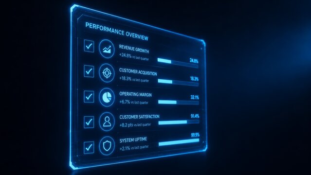 Performance overview digital dashboard showing business metrics and customer satisfaction.