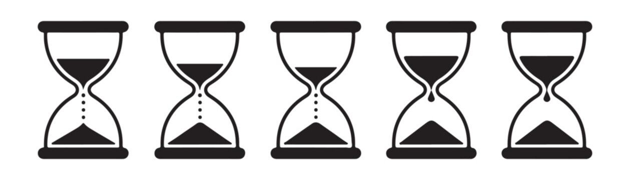 Five black hourglass icons showing sequential sand flow stages for time management infographics.