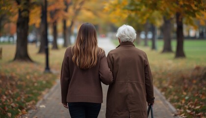 Obraz premium There are two women walking down a path in the park
