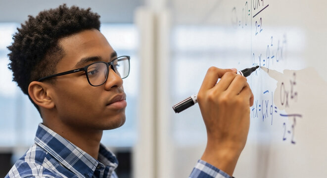 Young adult writing whiteboard equations with black marker on clear white surface. Student deeply focused on solving complex whiteboard equations, demonstrating problem solving skills.