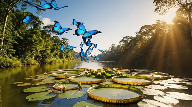Vibrant Blue Morpho Butterflies Swarm Over Amazon River Lily Pads.