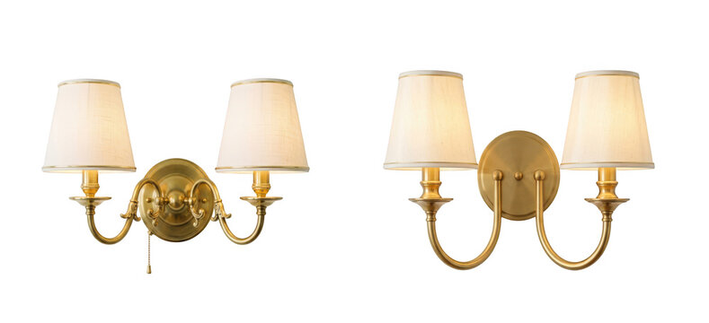 Two brass wall sconces with fabric shades isolated on transparent background