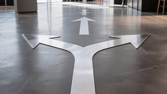 Premium metallic three way directional arrow on concrete floor pointing in multiple paths 3D render, decision making and choice concept, editorial business background with copy space