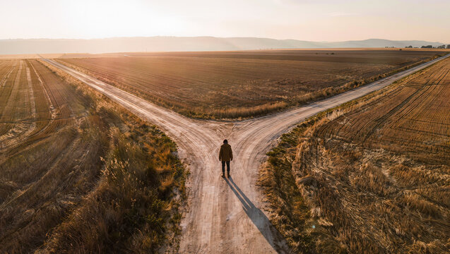 Cinematic aerial of lone person standing at fork in country road through fields at golden sunset, life choice and crossroads decision concept, editorial photography with copy space