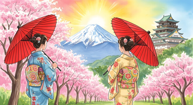 Two women in traditional kimonos walking under red parasols in cherry blossom garden with Mount Fuji backdrop