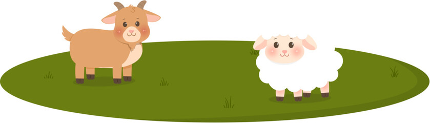 Obraz premium Goats and sheep in green fields