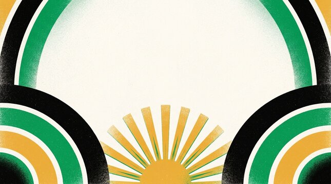 Juneteenth Abstract Background Layout, Geometric Freedom Arches and Radiant Sunburst Backdrop, Pan African Colors with Gritty Grain Noise Texture, Textless Commercial Microstock Vector Design Base