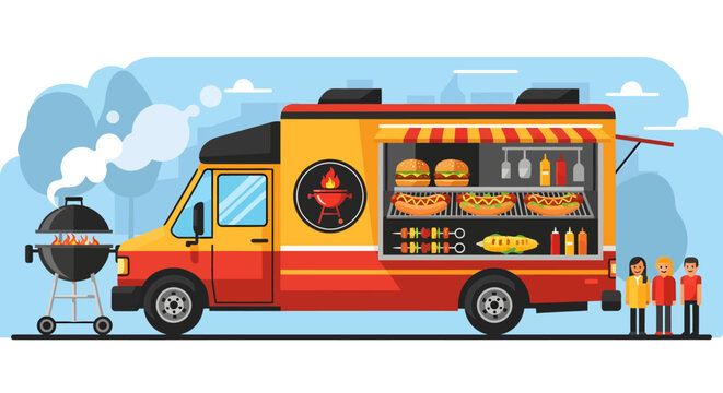 Colorful illustration of a food truck.