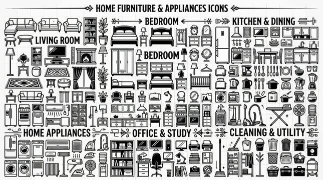 Large set of home furniture and appliance solid icons.