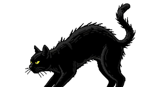 A black cat with arched back and bristling fur.