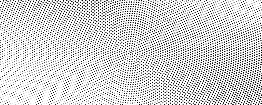 Halftone radial split gradient pattern, black dots forming dynamic center fade, minimal abstract geometric texture perfect for visual layout