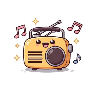 Cute cartoon illustration of a smiling cassette tape with musical notes.