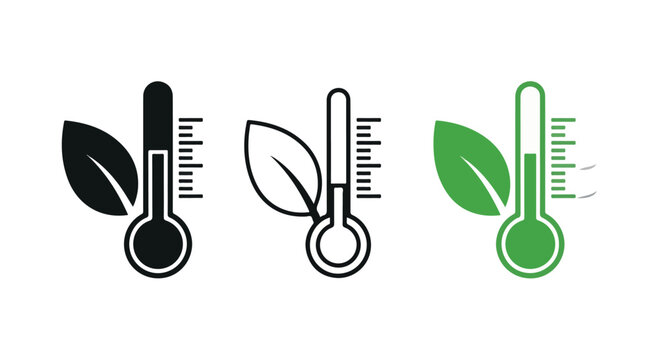 Three colorful thermometer icons in black, white, and green with leaf and plant symbols representing temperature