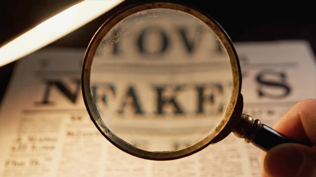 A magnifying glass held in a hand focuses on a newspaper headline discussing fake news, with the text becoming clearer as the lens is adjusted, highlighting the importance of scrutiny in media