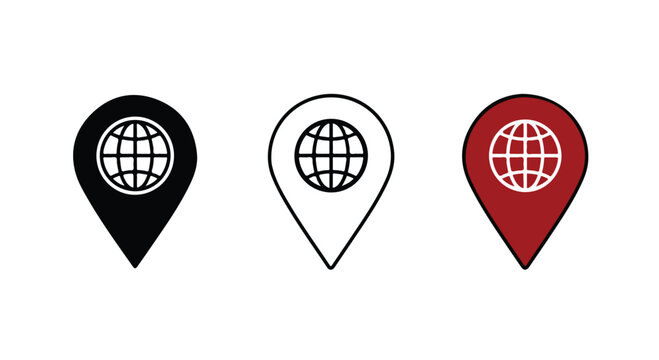 Set of three location map markers in black white and red colors with globe icons for navigation and geographic