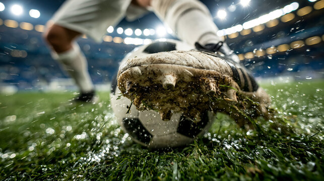 Soccer Ball in Mud: A soccer ball covered in mud and water is on the grass field during a sports match, with a player's foot visible in the background.