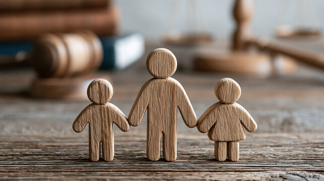 Family Law Representation: Wooden figures symbolizing a parent and two children stand on a wooden table, with a gavel and law books in the blurred background, signifying family legal matters.