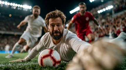 Naklejka premium Soccer Goalie Dive: A determined soccer goalkeeper dives with all his might, reaching for the ball during an intense match under stadium lights. Spectators fill the stands in the background.