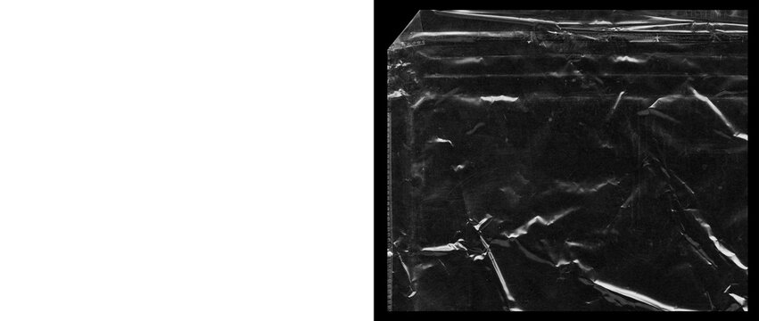 Crumpled black plastic texture, wrinkled dark polyethylene film surface, macro detail of creased synthetic material for industrial background