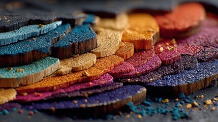 Obraz premium Close-up of colorful, textured slices, arranged in a vibrant gradient with powdery elements