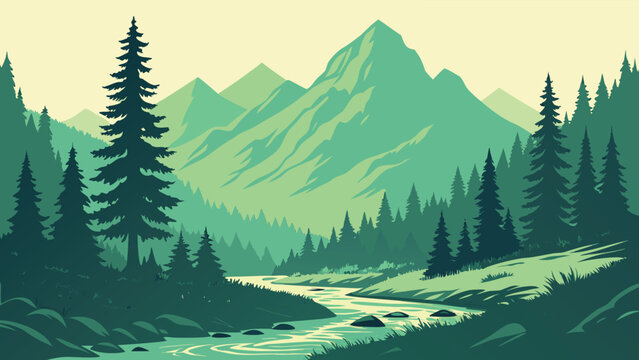 Vintage nature landscape vector illustration set, retro forest under moonlight and mountain river banners