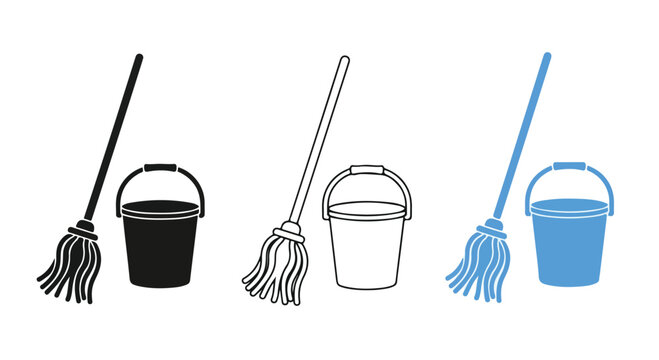 Set of four colorful cleaning brushes with handles and scrubbing heads in black white gray and blue for household