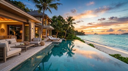 Fototapeta premium Breathtaking tropical escape with a luxurious beachfront villa, private infinity pool, and vibrant sunset sky reflecting over the serene ocean waters