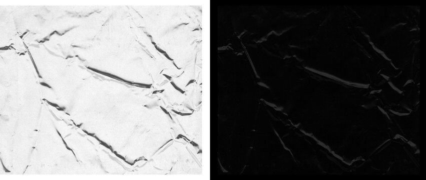 Crumpled paper texture set, white and black creased paper background, wrinkled parchment surface with sharp folds and shadows for graphic design