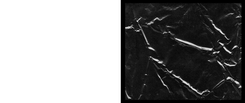 Crumpled black plastic texture, dark wrinkled synthetic material background, abstract creased polyethylene film surface for edgy graphic design