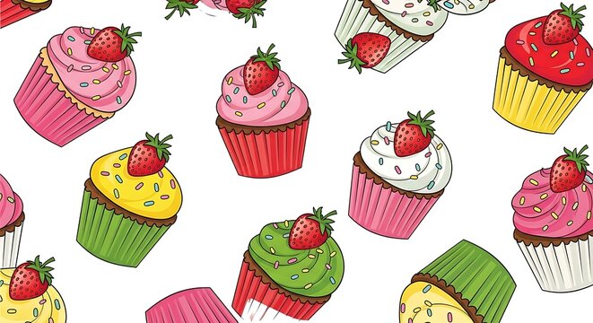 Seamless pattern of colorful cupcakes with fresh strawberries