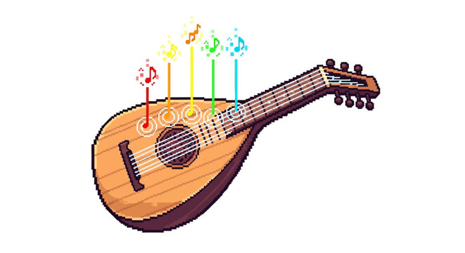 Acoustic Mandolin Instrument with Musical Notes and Colorful Lights.