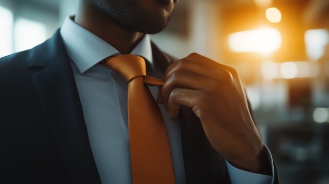 Sharp Professionalism: A distinguished businessman in a crisp suit adjusts his vibrant orange tie, exuding confidence and sophistication. The warm, golden light hints at a successful day ahead.