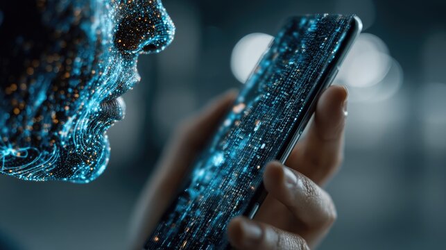Hand holding a smartphone in dark office, glowing blue digital bot face and binary code stream overlay, future communication tech concept 