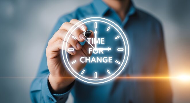 Businessman draws neon clock with text time for change