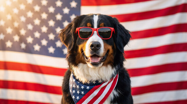 Bernese Mountain Dog wearing red sunglasses and patriotic bandana with American flag background for July 4th celebration, cute dog portrait, festive Independence Day theme, patriotic USA holiday