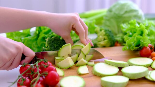 Cutting zucchini into small triangle pieces on wooden board with fresh garden vegetables