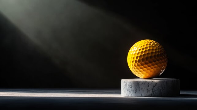 Golden Golf Ball on Pedestal: A solitary, textured golden golf ball rests on a stone pedestal, dramatically lit by a beam of light against a dark, moody background, evoking focus and precision.