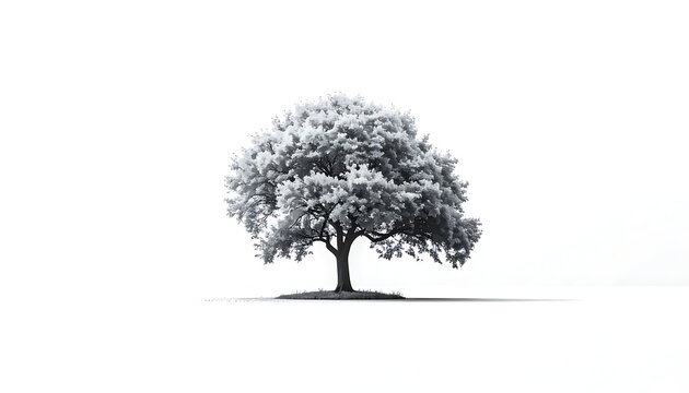 Isolated deciduous tree with full foliage in monochrome tones, casting a shadow on a seamless white background, symbol of nature and growth