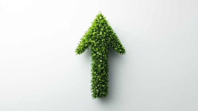 Green Arrow of Growth: An upward-pointing arrow composed entirely of lush green leaves symbolizes progress, growth, and environmental consciousness.
