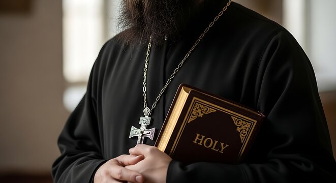 Orthodox priest in black cassock holding a bible and silver cross