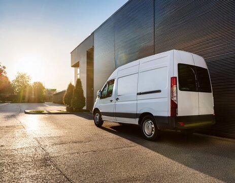 white delivery van parked beside building in sunlight