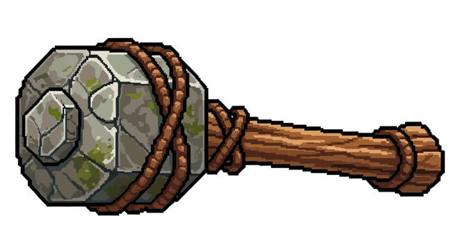 Ancient Stone Club Weapon with Wooden Handle and Rope.