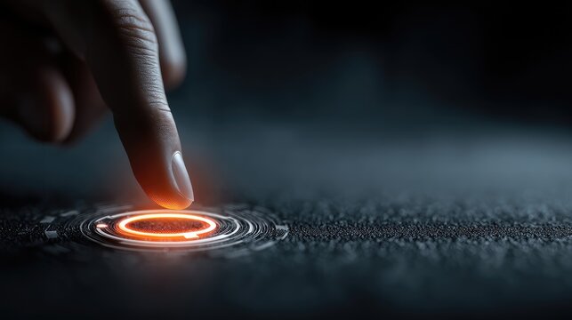 Hand pressing a virtual power button, digital system reboot and energy flow lines overlay, technology startup launch concept 