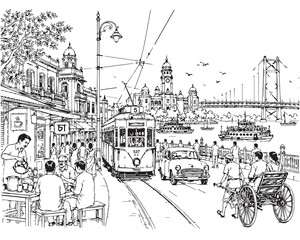 Vintage Kolkata city street illustration with tram, Howrah Bridge and Bengali urban life line art © Graphistichub